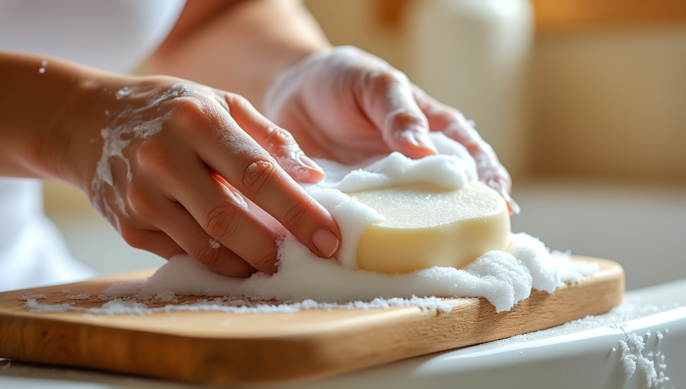 Festes Shampoo wird zwischen den Händen aufgeschäumt