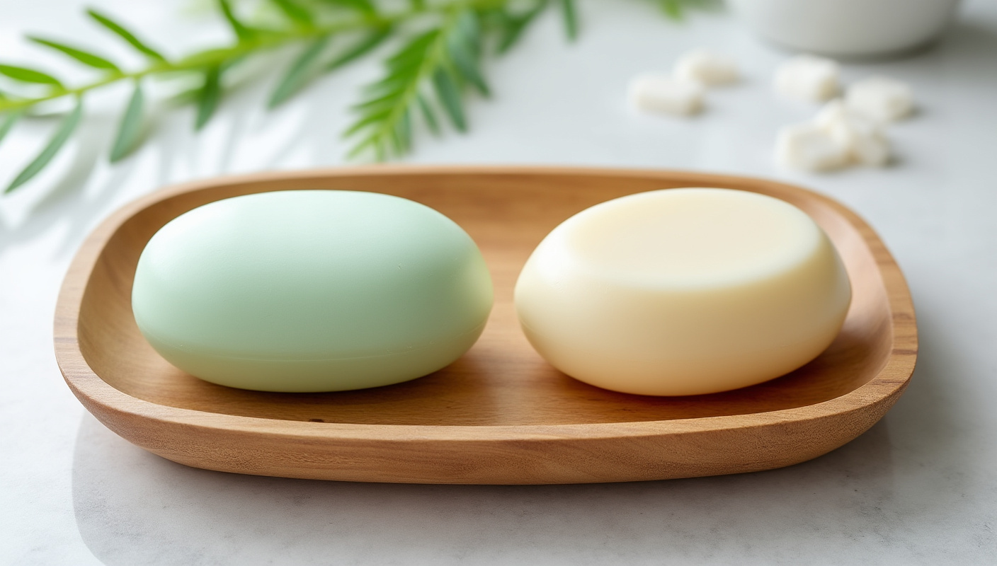 Festes Shampoo neben Haarseife im Vergleich