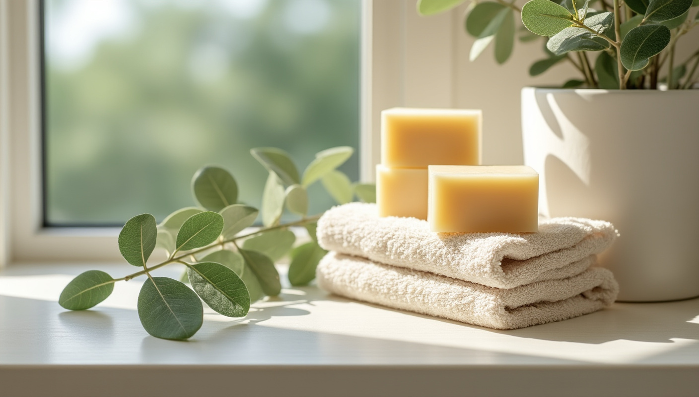 Festes Shampoo und Naturkosmetik-Bars neben Handtuch und Pflanze